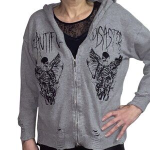 Sz.L*ROMWE*Distressed Gray/Black "BEAUTIFUL DISASTER" Zip-Up Hoodie
